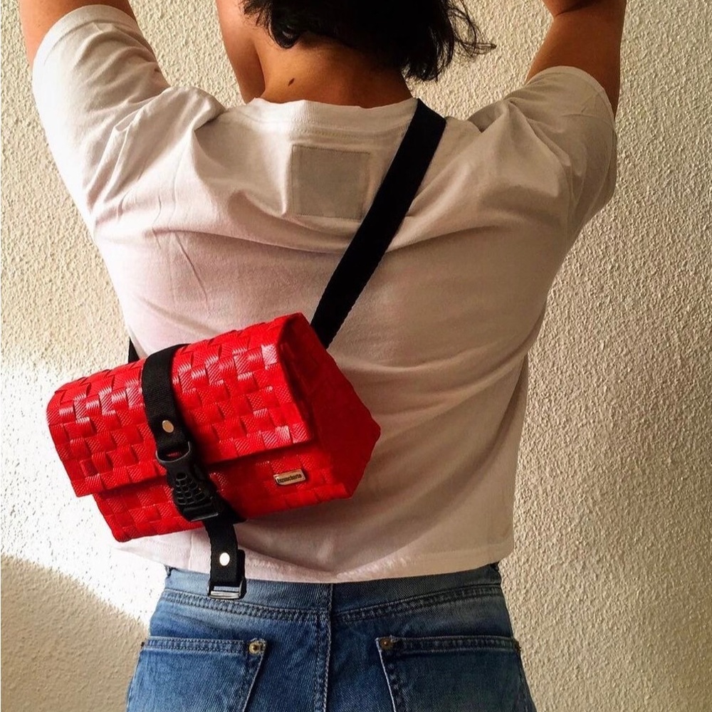 Vibrant Red Sling Bag with Buckle -Large Messenger Bum bag -Plastic Retro Fanny